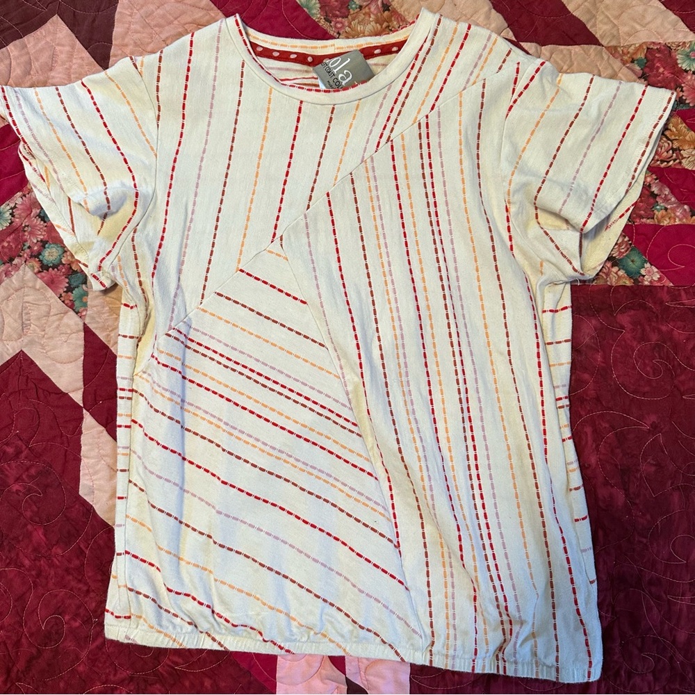 Dolan tee flutter sleeves quirky stitching red yellow pink white Anthropologie
